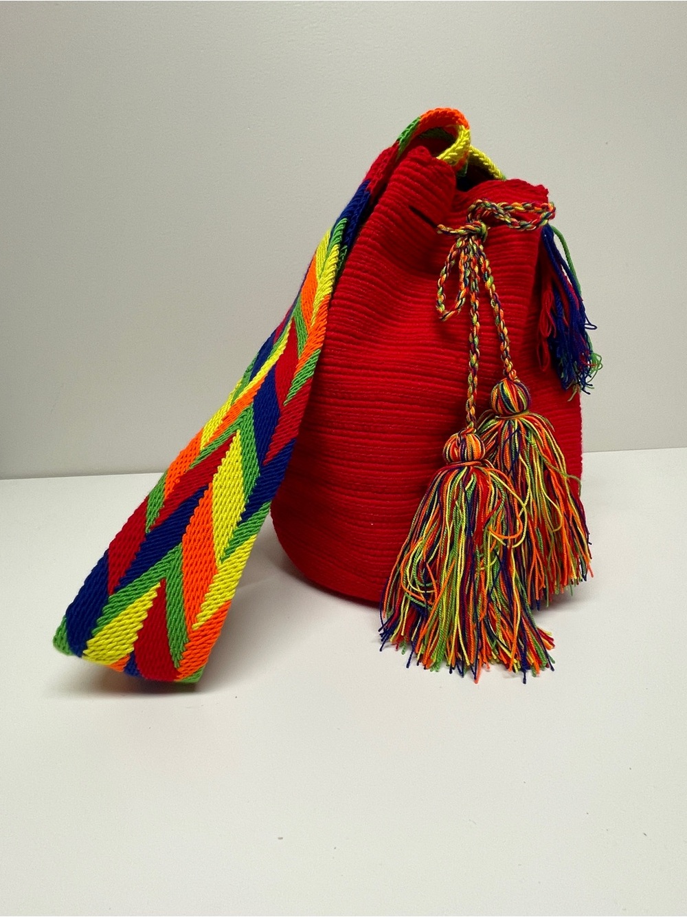 Handwoven Red Crossbody Bucket Bag with Multicolor Strap Mochila Wayuu